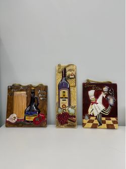 Decorative Ceramic Kitchen Wall Plaques – Wine & Chef Theme (Set of 3)