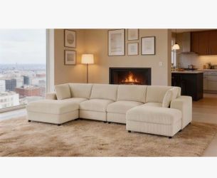 Beige Corduroy Modular Sectional Sofa