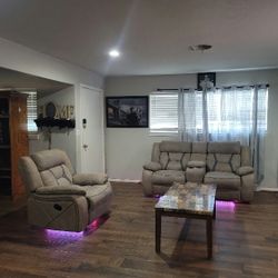 Gorgeous 2 Tone Rocking Couch And Recliner Set With Power Strip And LED'S 