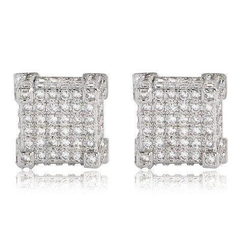 Fully Iced Micro Pave 14K White Gold-Plated Cubic Zirconia Men Women Square Stud Earrings 