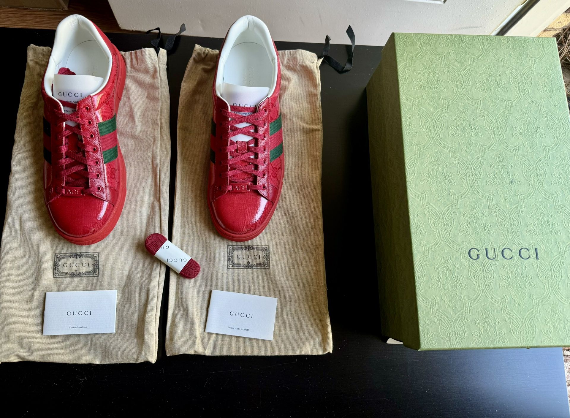 Authentic Brand New Welsh Red Gucci Sneakers with original box, dust bag, spare laces included.