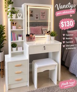 White Vanity Desk with LED Mirror and Stool