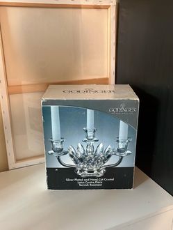 Godinger Silver Plated & Hand Cut Crystal Lotus Centerpiece Candelabra + Canvas