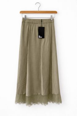 The Kooples Midi Skirt Size 0 Khaki Green Lace Trim Satin Elastic Waist NWT