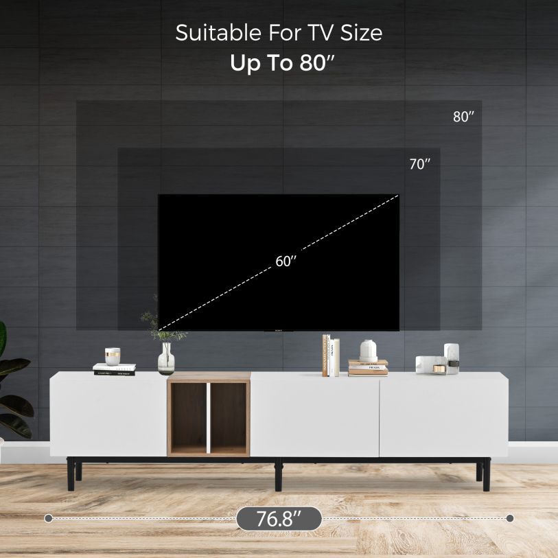 77” Mid-Century Modern White w/ Natural Wood Accent TV / Media Stand w/ Storage Cabinets [NEW /  NEVER USED] **Retails for $340 ^Assembly Required^ 