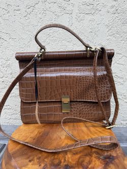 Assots London Genuine Leather Croc Embossed Satchel Handbag Tan Brown Crossbody