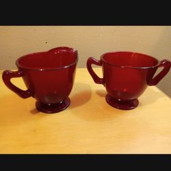Vintage Ruby Red Anchor Hocking Footed Sugar Bowl And Creamer. No Chips Or Cracks