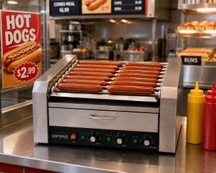 30 Hot Dog Roller Warmer Grill Cooker Machine, Commercial Grade, (with Bun Warmer Drawer, 11 Non-Stick Rollers, 30 Hot Dog Sausage Grill Cooker, and R