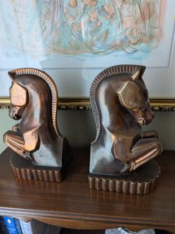 Vintage Art Deco bronze and copper-plated Trojan horse bookends designed by Phillip DiNapoli for Champion Products around 1930