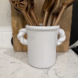 White Twisted Handle Kitchen Utensil Holder Crock