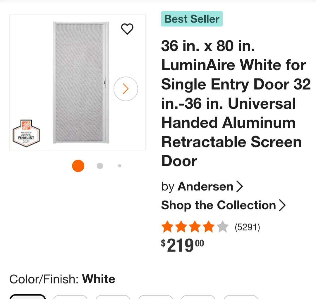 New Andersen LuminAire retractable screen door. Universal fit for single entry doors 32 in to 36 in x 80 in.