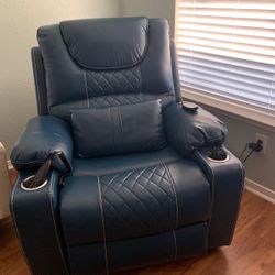 Oversized Dual Motor 180° Lying Flat Blue Breathable Leather Power Lift Recliner Chair with Massage and Heating