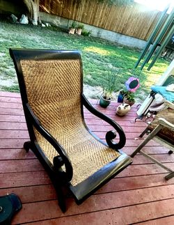 Beautiful Antique Wood & Cane Rattan Lounging  Chair