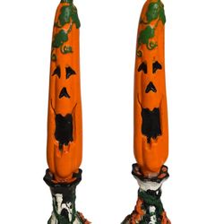hand decorated Halloween candle holders with vintage jack- o lantern candles