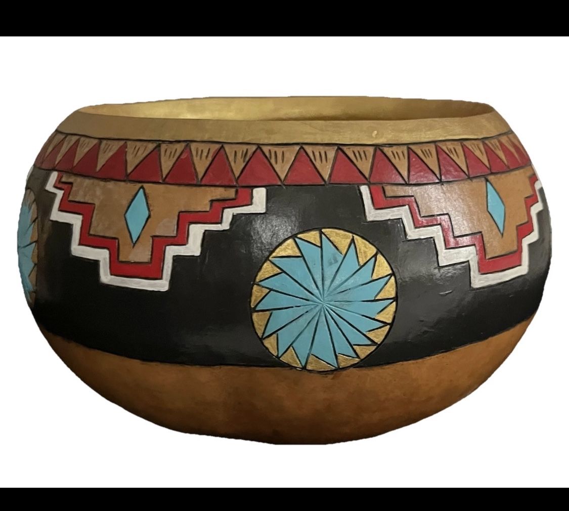 Beautiful Large GOURD BOWL Metallic Gold Turquoise Black Red & White