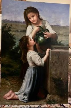 Classical Style Oil Painting of Two Girls at a Well