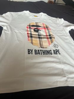 white and multi coloured Burberry x BAPE tee #burberry #collab