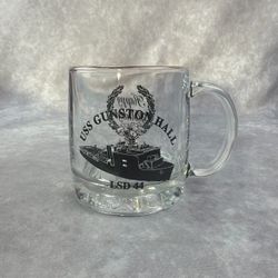 USS Gunston Hall LSD 44 Navy Battleship Glass Mug Happy Holidays Gold Rim Eagle