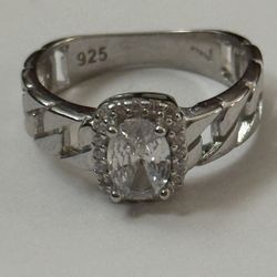 925 Silver chain ring zirconia cz stones size 7 rectangle shape cuban design