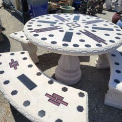 Concrete Stone Mosaic Picnic Table with 3 Benches/ Outdoor Patio Furniture