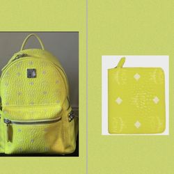 MCM VISETOS NEON YELLOW BACKPACK & Wallet