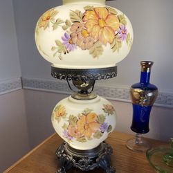 Vtg GIM 2-Globe Hurricane Lamp 3083 1967 Floral Hand Painted 20” gone with wind