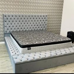 New/ Gray Velvet Queen Storage Platform Bed Frame Cama/ Mattress Sold Separately 
