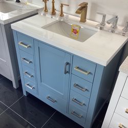 36” Light Blue Solid Wood Vanity With Quartz Top 