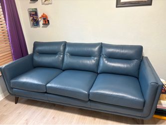 Cindy Crawford San Salerno Blue Leather Sofa Like New 84”