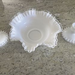 Fenton Silver White Milk Glass Bowl And 2 Candlesticks