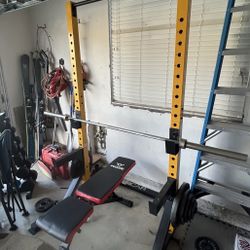 Weight Rack, Weights, Bar, Chair, And More