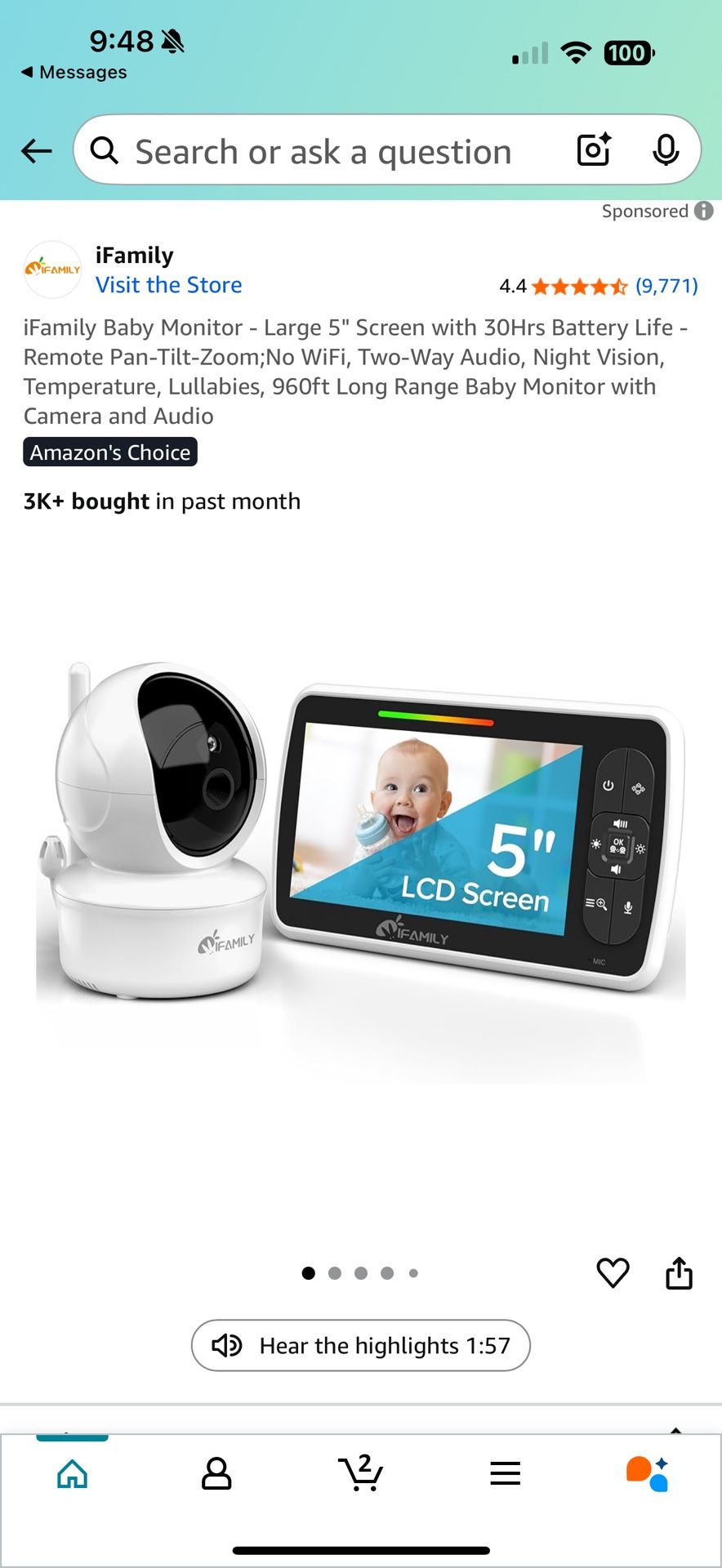 Family Baby Monitor - Large 5" Screen with 30Hrs Battery Life - Remote Pan-Tilt-Zoom WiFi, Two-Way Audio, Night Vision, Temperature, Lullabies, 960f