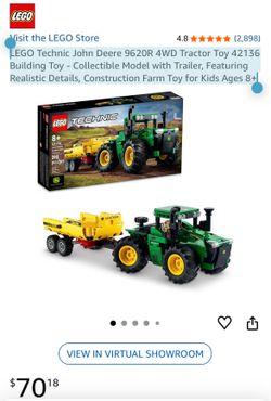 LEGO Technic John Deere 9620R 4WD Tractor Toy 42136 Building Toy - Collectible Model with Trailer, Featuring Realistic Details, Construction Farm Toy 