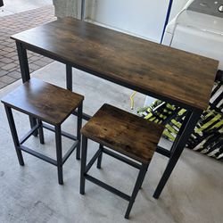 Wood and Metal Frame Table With 2 Matching Barstools 