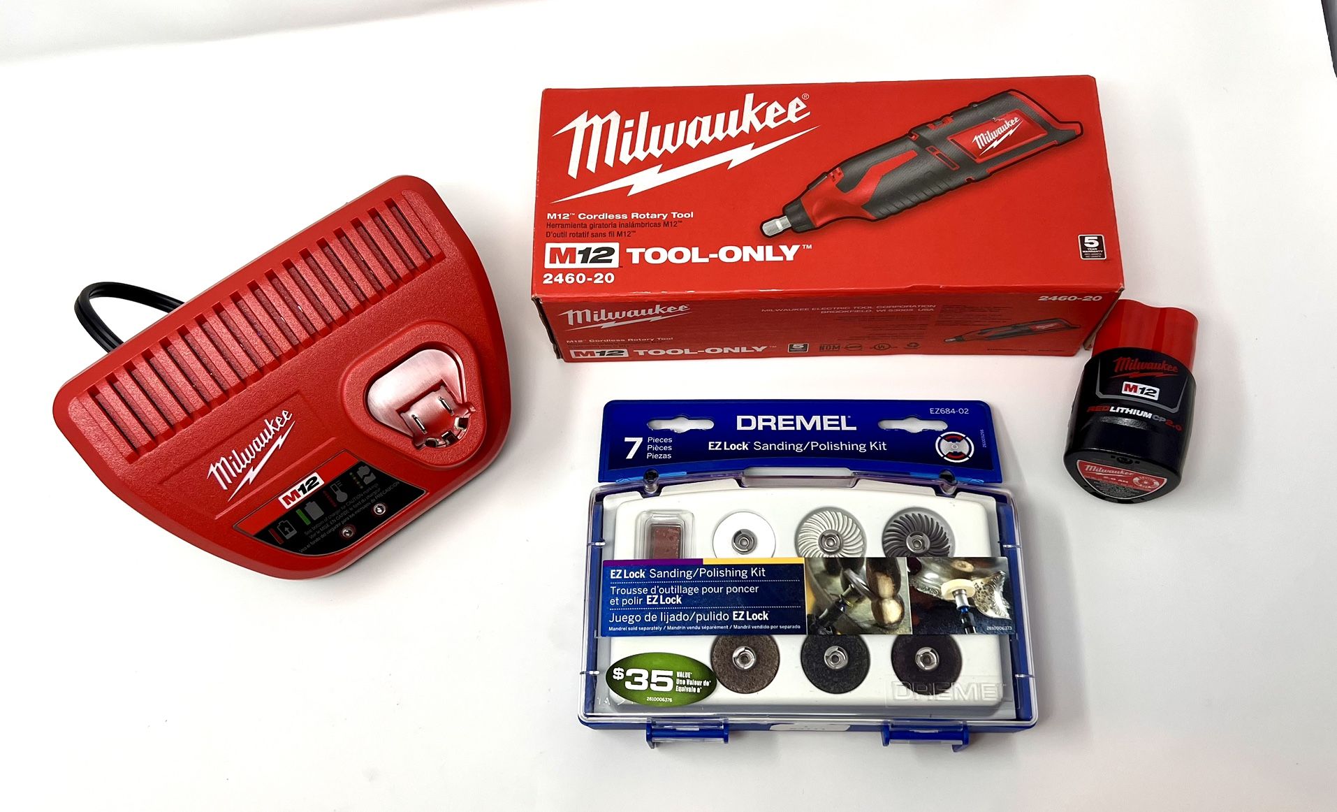 Milwaukee 2460-20 M12 12V Cordless Rotary Tool +2AH Starter Kit +7pc Polish Kit