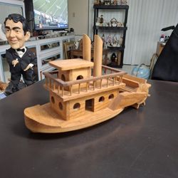 Hand Crafted Wooden Steam Paddle Wheel Boat With Working Paddles - Collectible Vintage Children's Toy 14"L X 8"H X 5.5"W