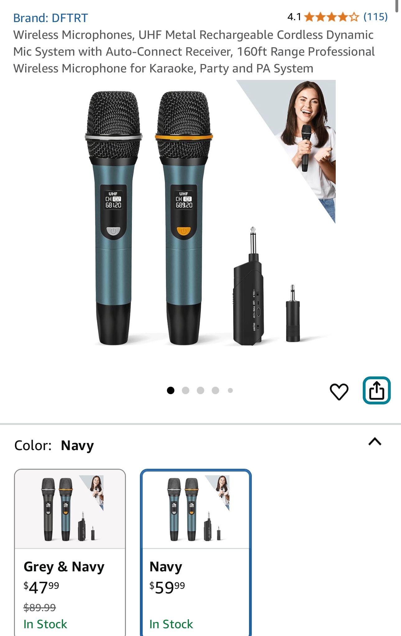 Wireless Microphones, UHF Metal Rechargeable Cordless Dynamic Mic System with Auto-Connect Receiver, 160ft Range Professi