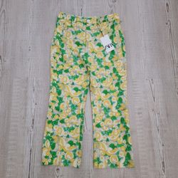 NWT Zara Womens Yellow Green Floral Straight Leg Pants L 60s/70s Whimsical Chic