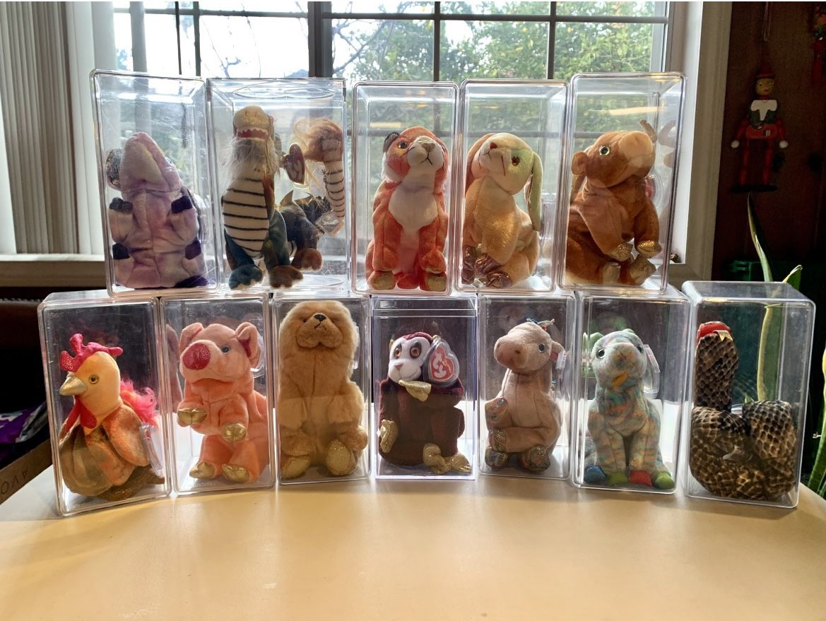 12 Chinese Zodiac Beanie Baby Complete Set. With Display Boxes