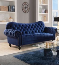 -Blue Sofa CLEARANCE SALE- Glam Style, Velvet Tufted, Exaggerated sillohuette curves, rolled armrests