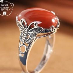 Red Jade Stone Adjustable Ring sterling Silver 925