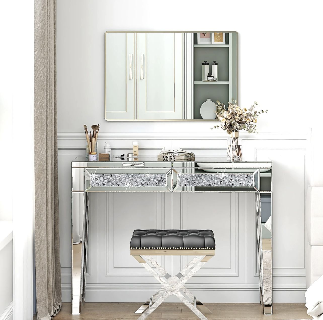 Mirrored Vanity Table Diamond Inlay 2 Drawer Silver Drawer 2 Drawers Bedroom Luxury, Modern Mirrored Finish Mirrored Mdf Glass, Mirror