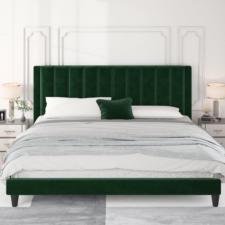 King Size Platform Bed with Velvet Headboard, Green