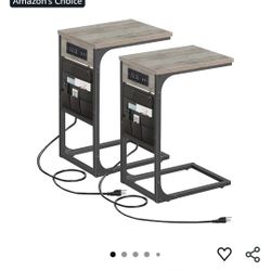 C Shaped End Table with Charging Station Side Table for Sofa. Couch Table with Storage Bag, Set of 2, TV Tray Table with 2 USB Ports and Outlets for L