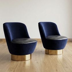 Swivel Lounge Chairs In Blue Velvet / Calf Skin Pressed As Snake Skin Swivel Chairs 