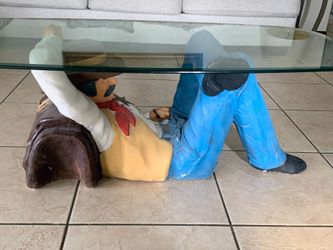 Vintage Cowboy Coffee Table Sculptural Western Reclining Figure Glass Top