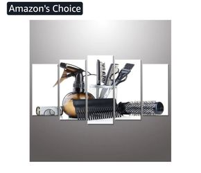 2833: New. Large 5 Piece Baber Shop Sign Canvas Wall Art Barber Pole Scissors Tools Hairstyle Haircut Emblem Symbol Picture Print for Salon Room Home 