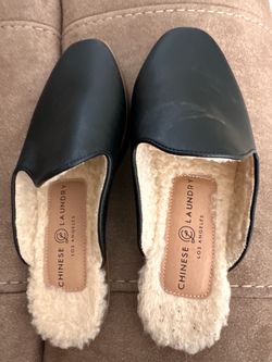 Chinese Laundry Black Leather Shearling Mules