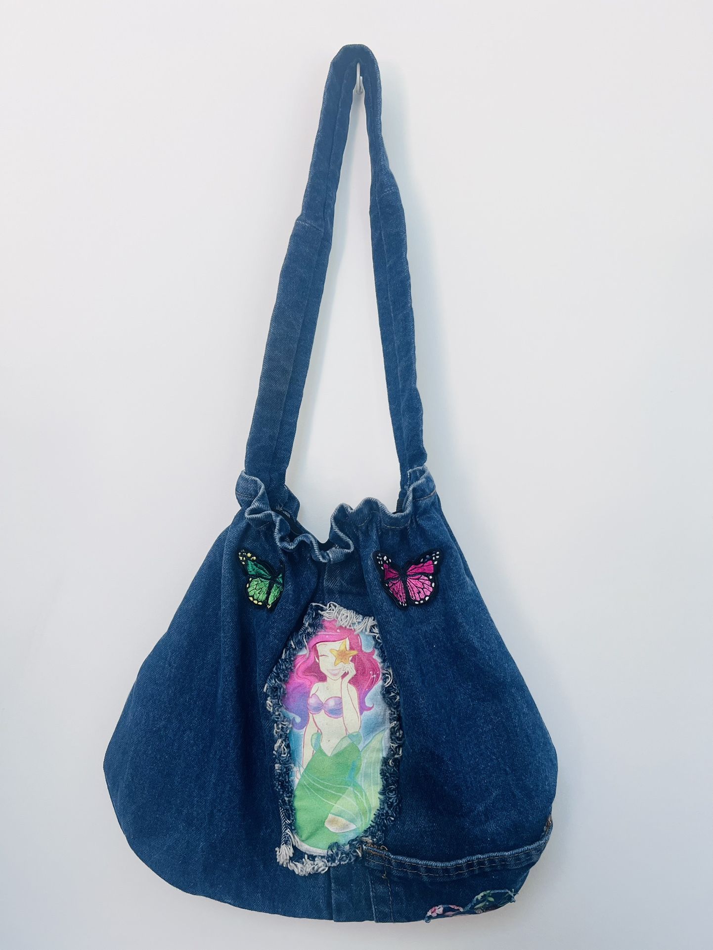 Durable Denim Boho Bag For Women. Handmade Vintage Style Ariel And Butterflies Patched. Denim Bag With Elastic Stretchy On Top. Clean Hippie Hobo