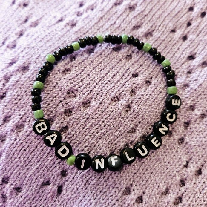 BAD INFLUENCE Beaded Word Stretch Bracelet in Black and Green - Small Wrists